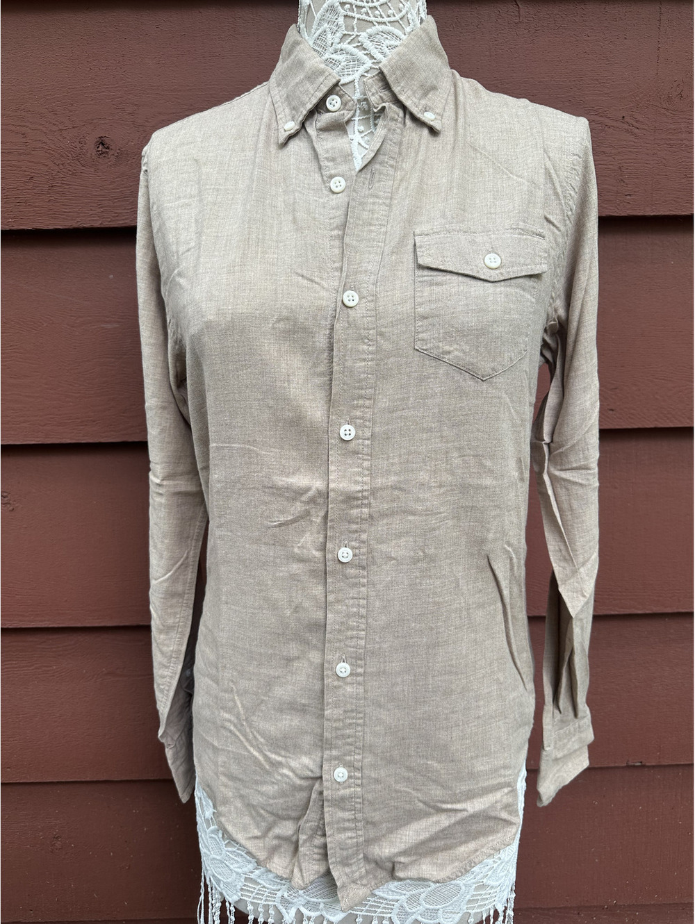Club‎ Monaco Slim Fit Linen Button Down Shirt Cream Brown Minimalist